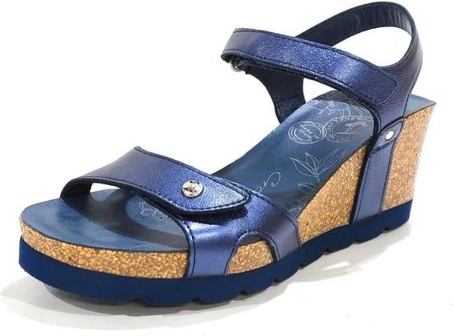 Dames Wedge Sandalen Blauw Leer Comfortabele Hak met Klittenband