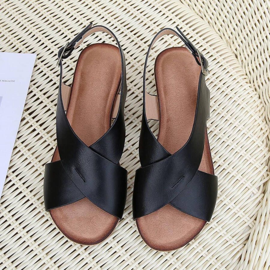 Dames Wedge Sandalen met Cross Strap en Gesp Open Teen Platform voor Buiten Zwart Wide