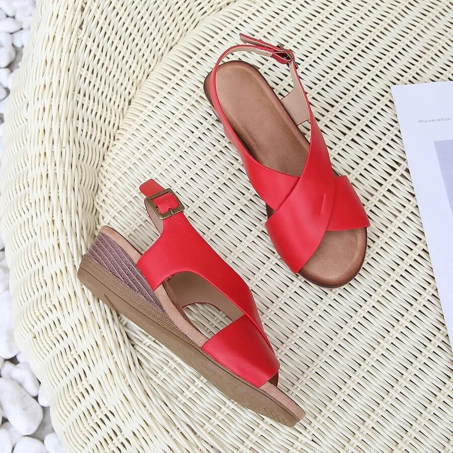 Dames Wedge Sandalen met Cross Strap en Open Teen Buckle Platform Schoenen voor Buiten Rood