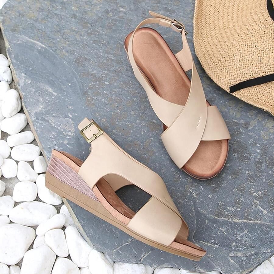 Dames Wedge Sandalen met Cross Strap en Open Teen Buckle Platform Schoenen voor Buiten Beige