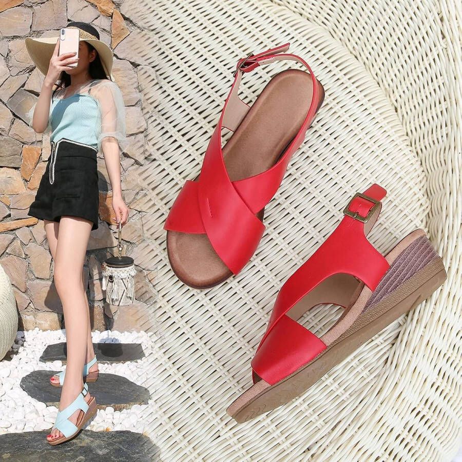 Dames Wedge Sandalen met Klassieke Cross Strap in Rood Breed Platform voor Buitengebruik