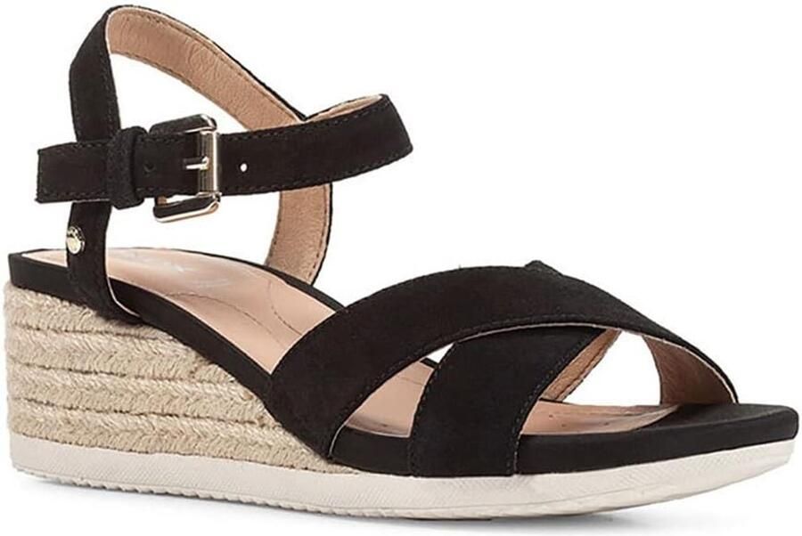 Dames Wedge Sandalen met Klittenband Zwart Leer