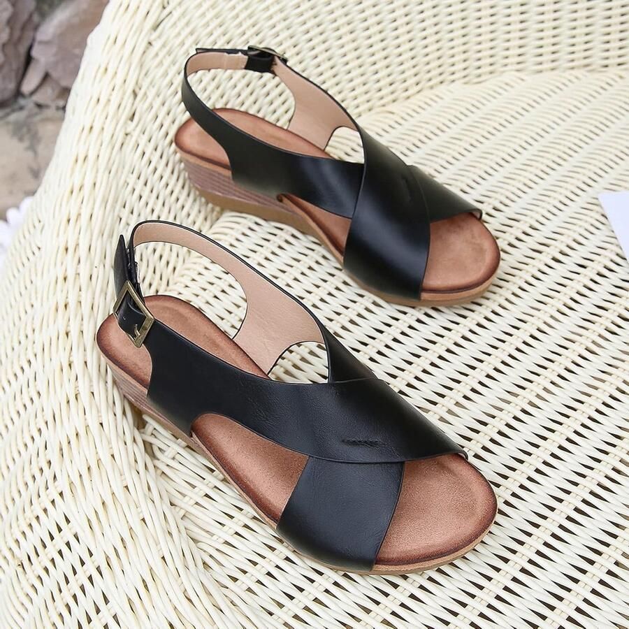 Dames Wedge Sandalen met Kruisriem en Open Teen Buckle Platform Schoenen voor Buiten Zwart