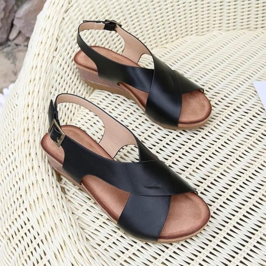 Dames wedge sandalen Met kruisriem en open teen Buckle platform voor buiten zwart