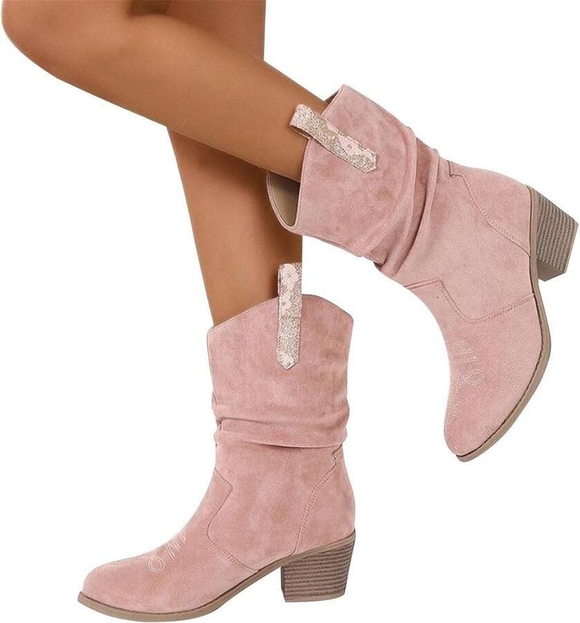 Dames Western Laarzen Suède Blokhak Cowboy Laarzen voor Winter en Rijden