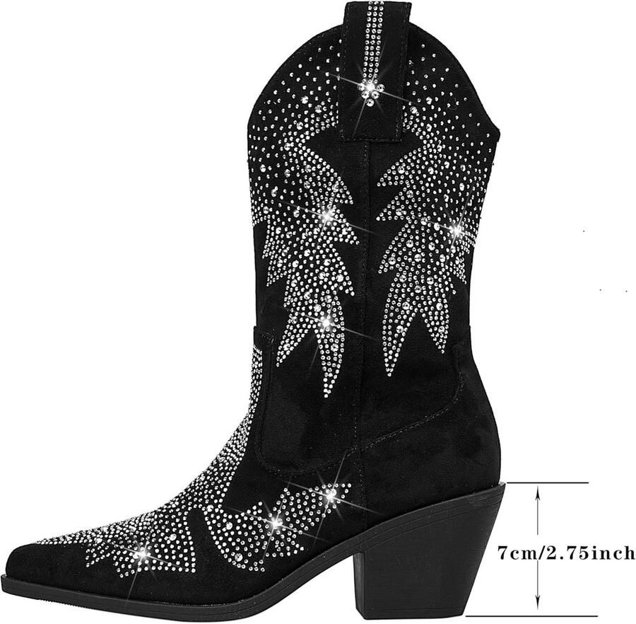 Dames Western Laarzen Suède met Strass Blokhak Enkellaarsjes