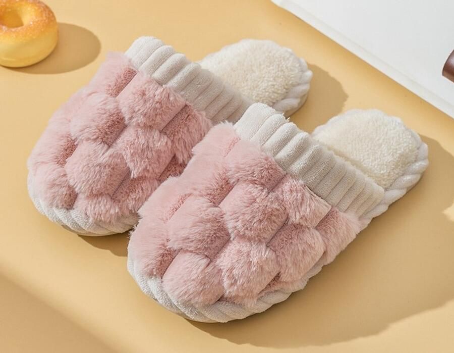 Dames winterslippers van katoen warme en comfortabele pantoffels van katoen en linnen antislip slippers voor binnen en buiten Roze (geschikt voor )