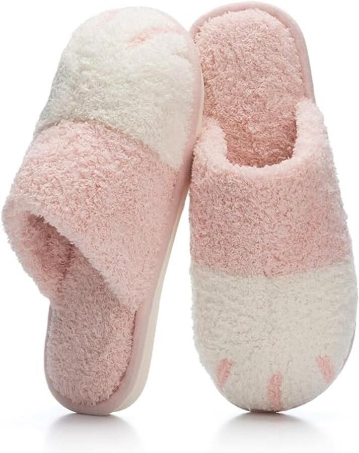 Dames winterslippers van pluche zachte en comfortabele katoenen slippers schattige instapslippers met dierenfiguur en memory foam geschikt voor de herfst zowel binnen als buiten te gebruiken roze