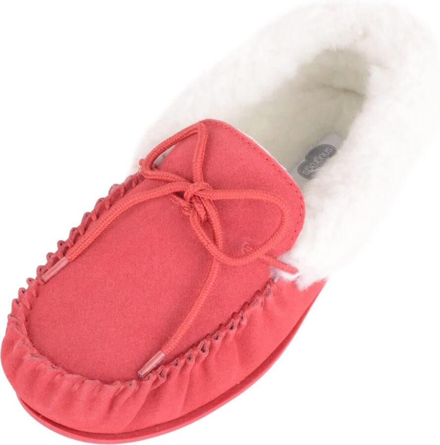 Dames wollen mocassin pantoffel met rubberen zool en manchet Karmozijnrood