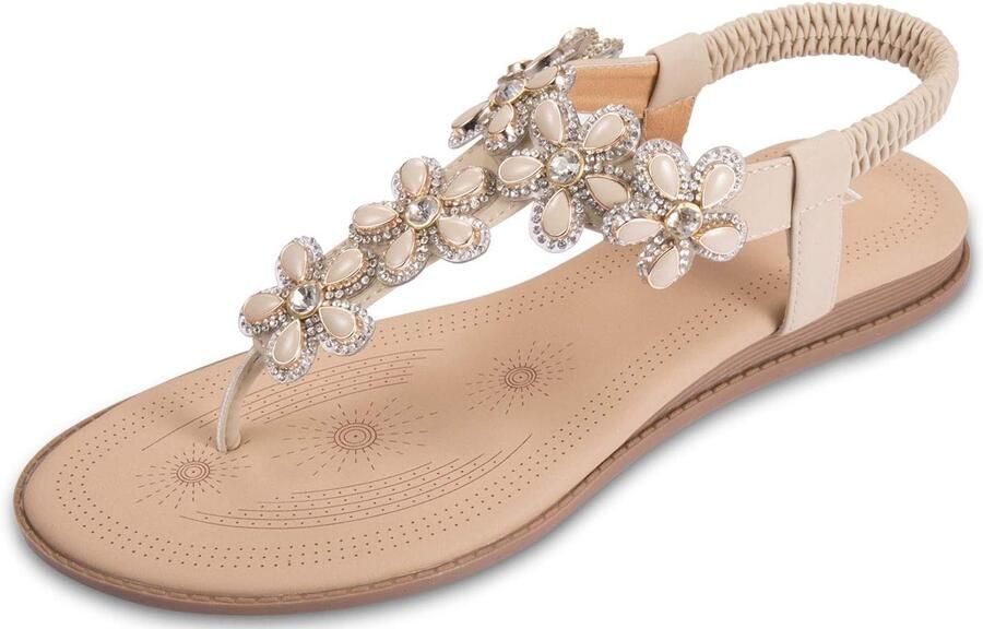 Dames Zomer Bohemia Platte Teenscheider Sandalen met Strass Bloemen