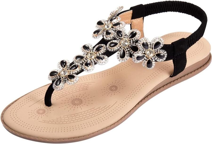 Dames Zomer Boho Platte Teenscheider Sandalen met Strass Bloemen