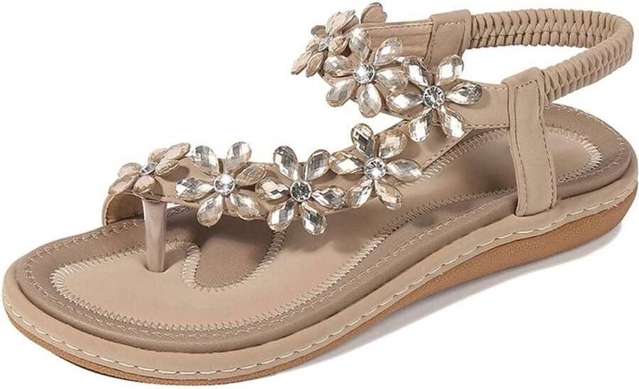 Dames Zomersandalen Platte Schoenen met Strass Kralen Boho Stijl