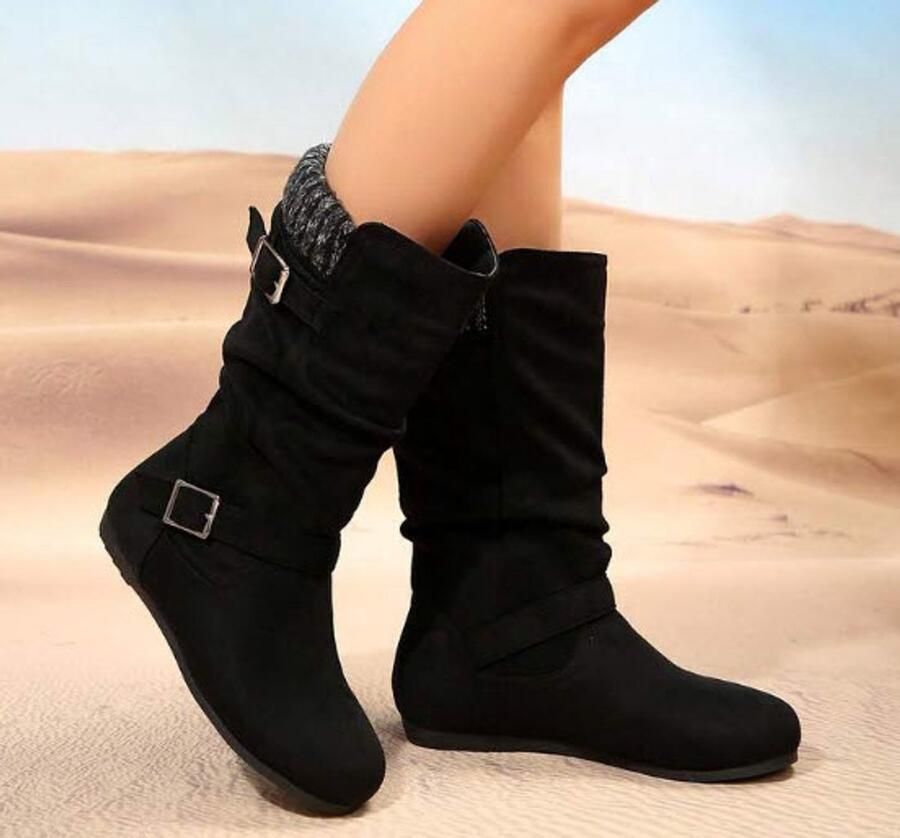 Dames zwarte thermisch gevoerde enkellaarsjes met ruches en plooien ronde neus platte casual schoenen voor de herfst winter Dames winter laarzen confortabel schoenen voor dames