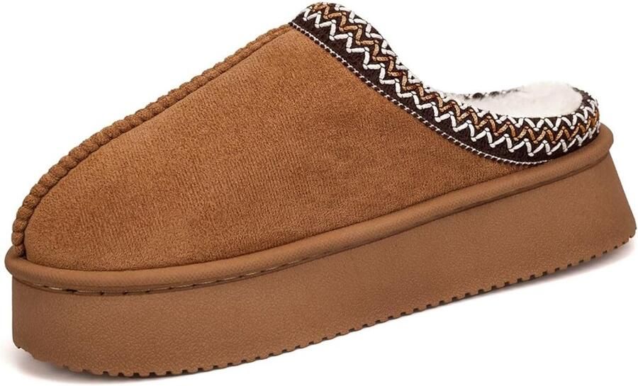 Dameslippers met plateauzool van pluche Comfortabele antislipzool warme en zachte voering geschikt voor binnen en buiten enkellaarsmodel Khaki )