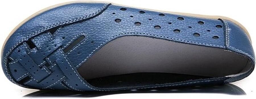 Damesloafers van leer met hol patroon Casual mocassins met ronde neus Zachte wandelschoenen in navyblauw