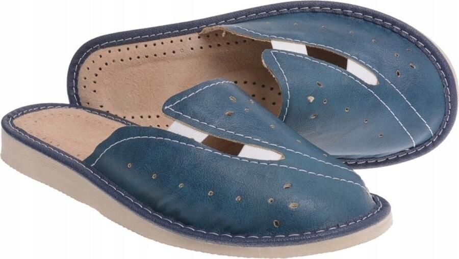 Damespantoffels Leer Navy Comfortabel & Breed