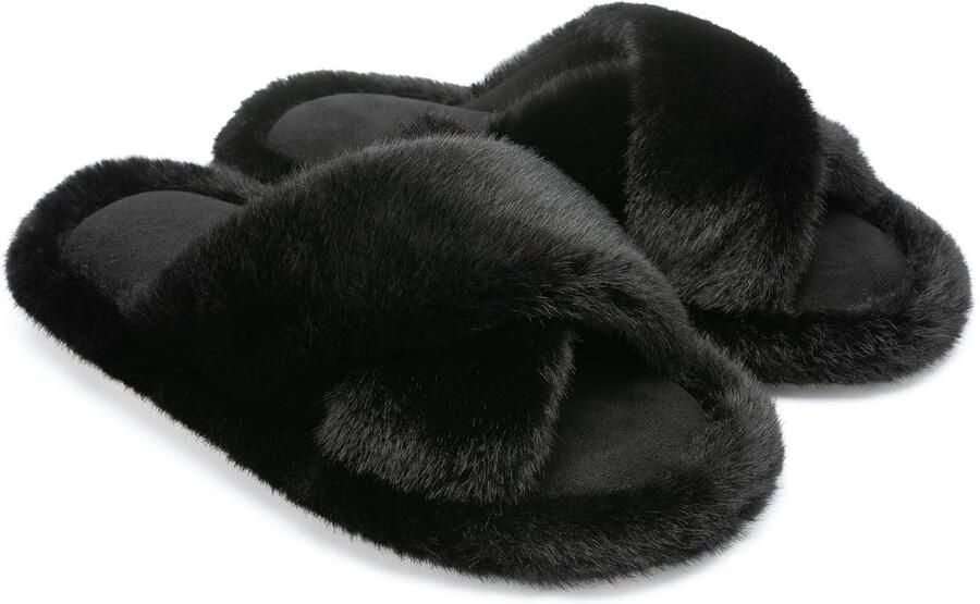 Damespantoffels met kruisband donzige traagschuim pantoffels voor vrouwen pluche comfortabel imitatiebont slippers huisschoenen antislipzool cadeaupantoffels