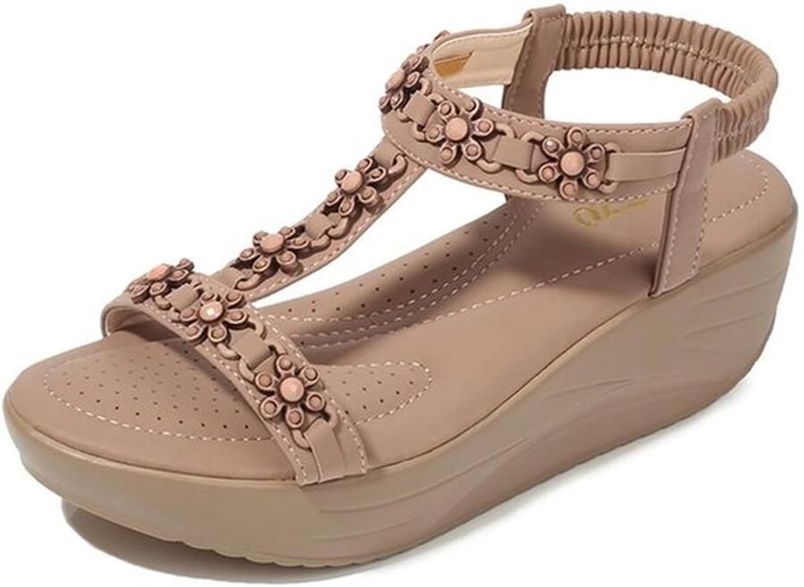 Damessandalen met halfhoge sleehak Bloemenkralen T-bar Elastische slingback Comfortabele zool Zomersandalen Ronde neus Sleehaksandalen