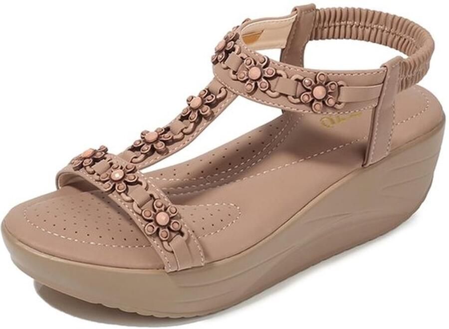 Damessandalen met halfhoge sleehak T-bar Elastische slingback Bloemenkralen Comfortabele zool Zomersandalen Sleehaksandalen