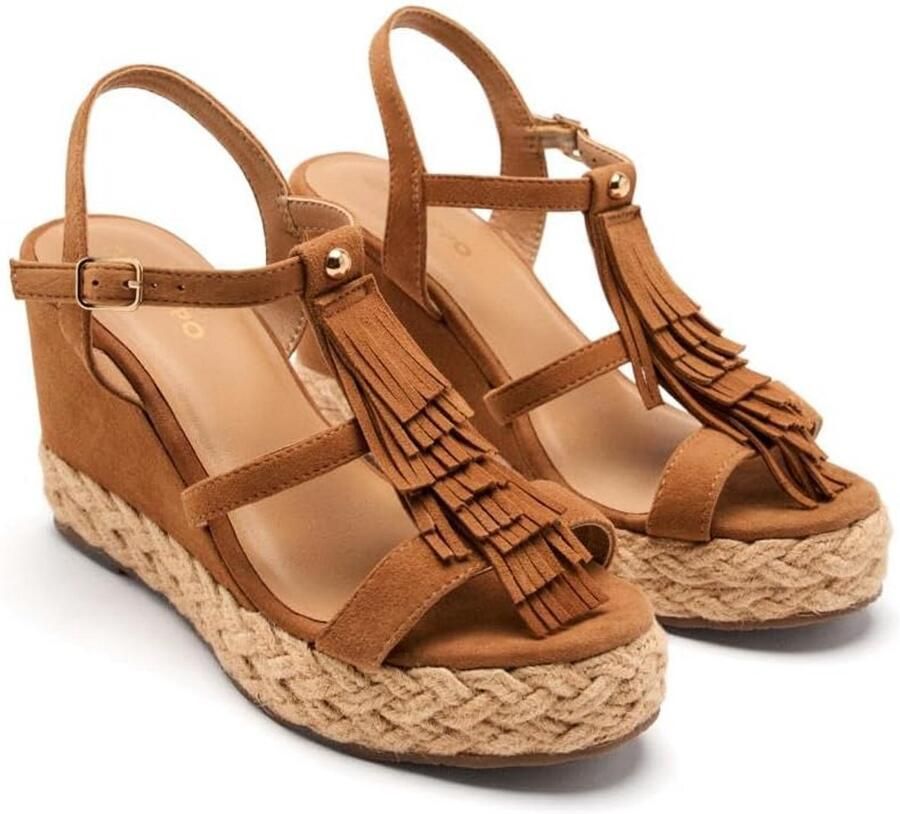 Dames Espadrille Sleehak Sandalen met Franjes en Bast