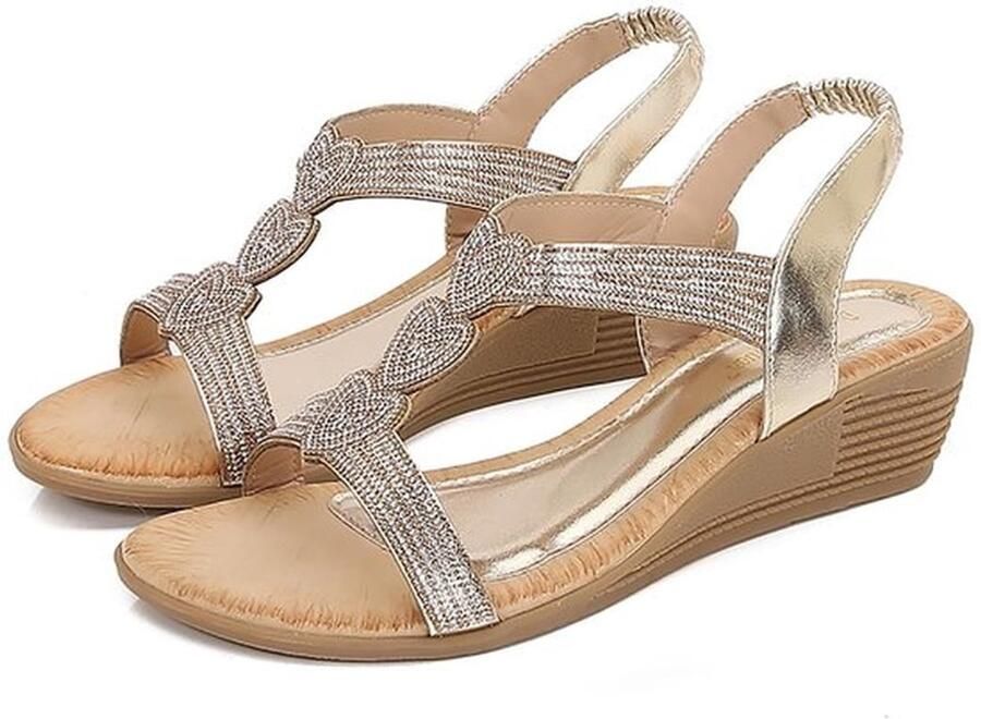 Damessandalen met sleehak Zomersandalen Sprankelend Comfortabel Boheems platform Elastische achterkant met strass decoratie