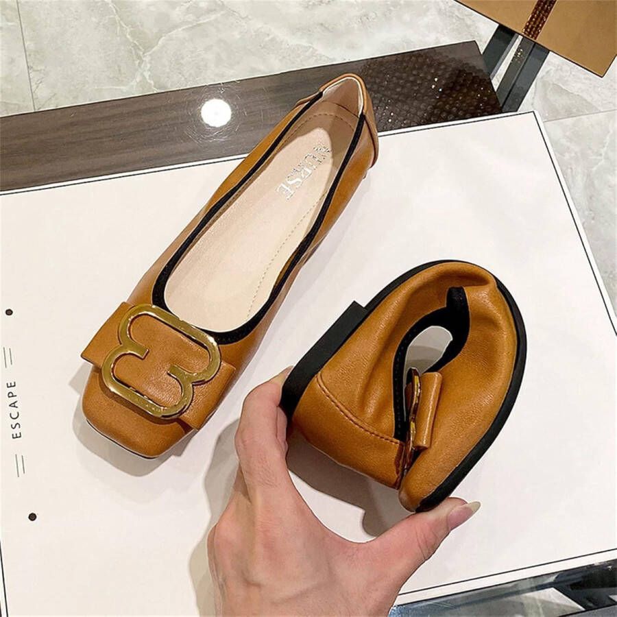 Damesschoenen met opvouwbare zolen Vierkante Teen Metalen Gesp Casual Instappers Feestelijk Donker Kaki