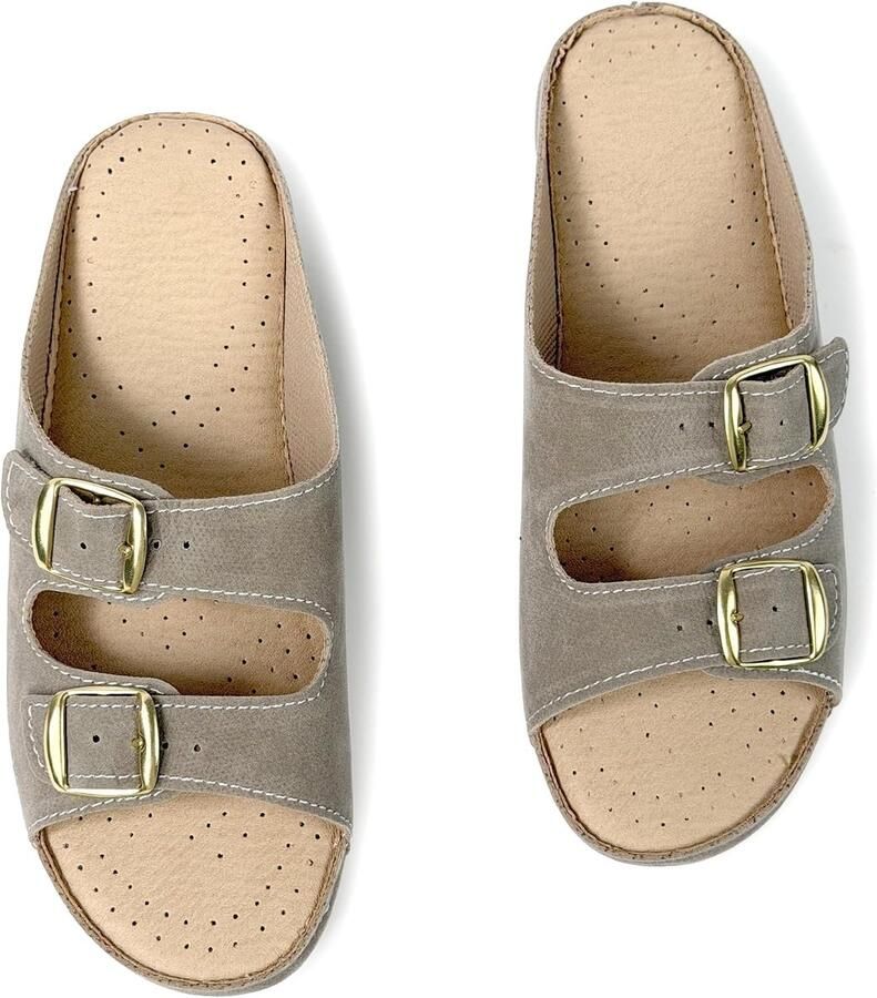 Damesslippers met dubbele verstelbare gesp zomerschoenen met sleehak licht open teen zacht voetbed in lederlook