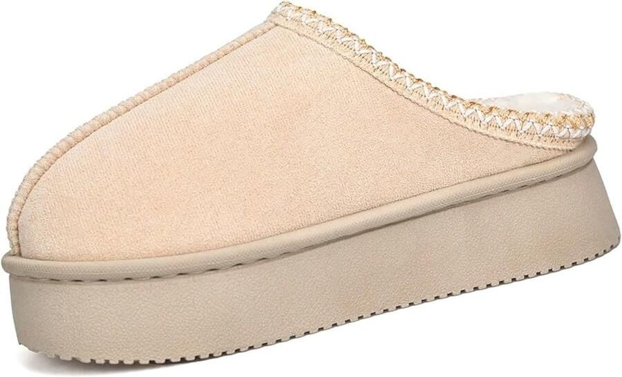 Damesslippers met plateauzool van pluche Comfortabele antislipzool warme en zachte voering geschikt voor binnen en buiten enkellaarsmodel Beige )