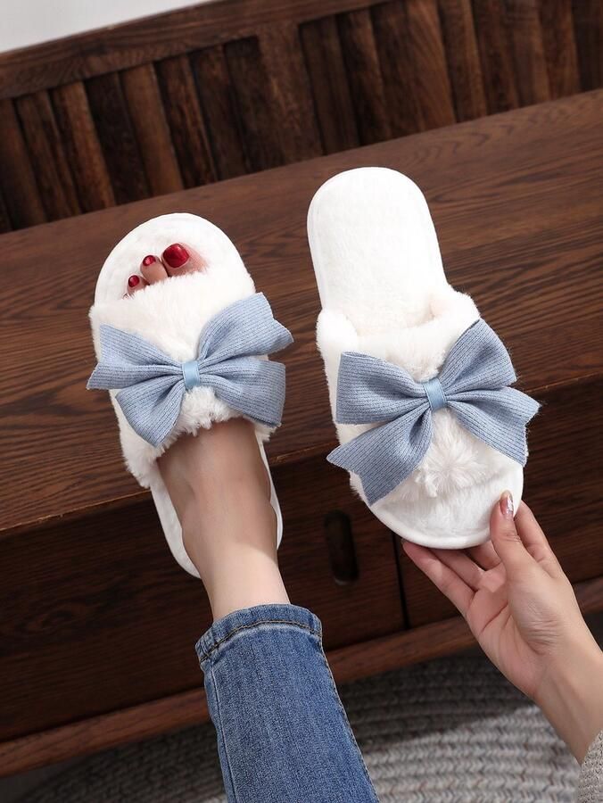 Damesslippers met strik antislipzool zachte voering van imitatiebont open hiel geschikt voor binnen en buiten Blauw (buitenschoenlengte