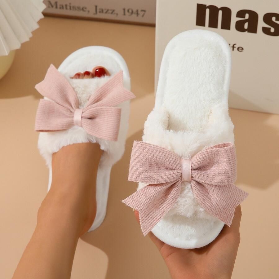 Damesslippers met strik antislipzool zachte voering van imitatiebont open hiel geschikt voor binnen en buiten Roze (buitenschoenlengte