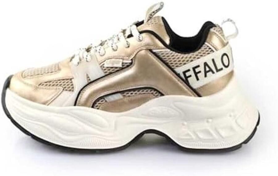 Damessneakers in Crème Goud en Zwart Kunstleer Veterschoenen