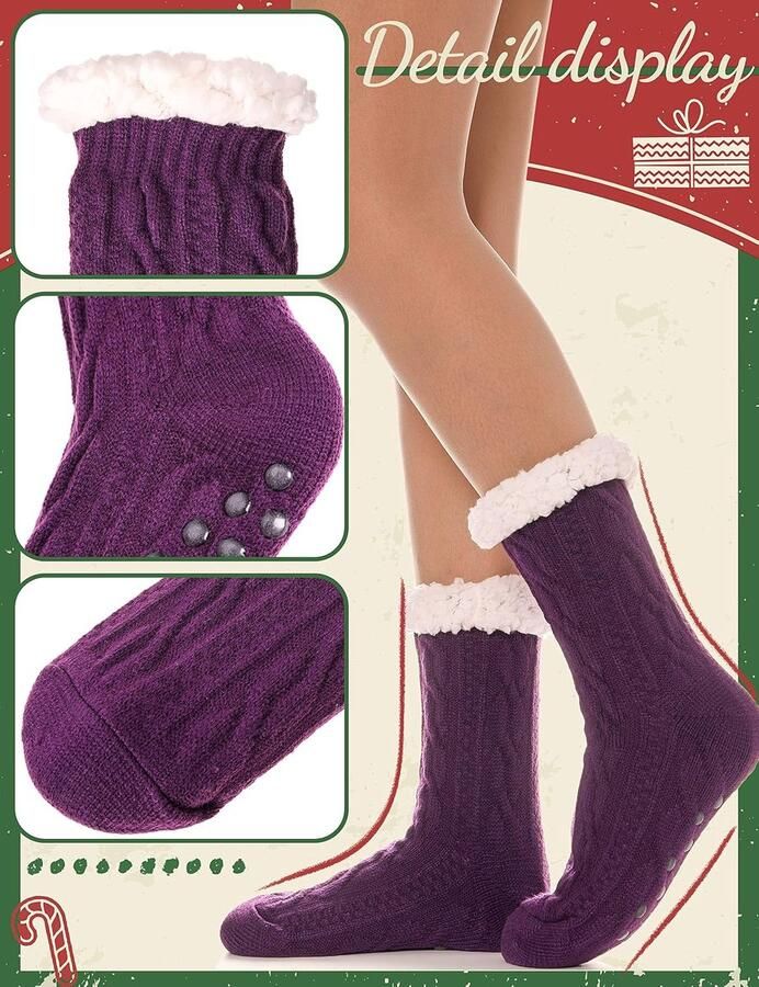 Damessokken ANTSANG pluizige knusse pantoffelsokken met fleece zachte warme wintersokken comfortabel dik voor de kerst met trekrand huissokken Paars Eén