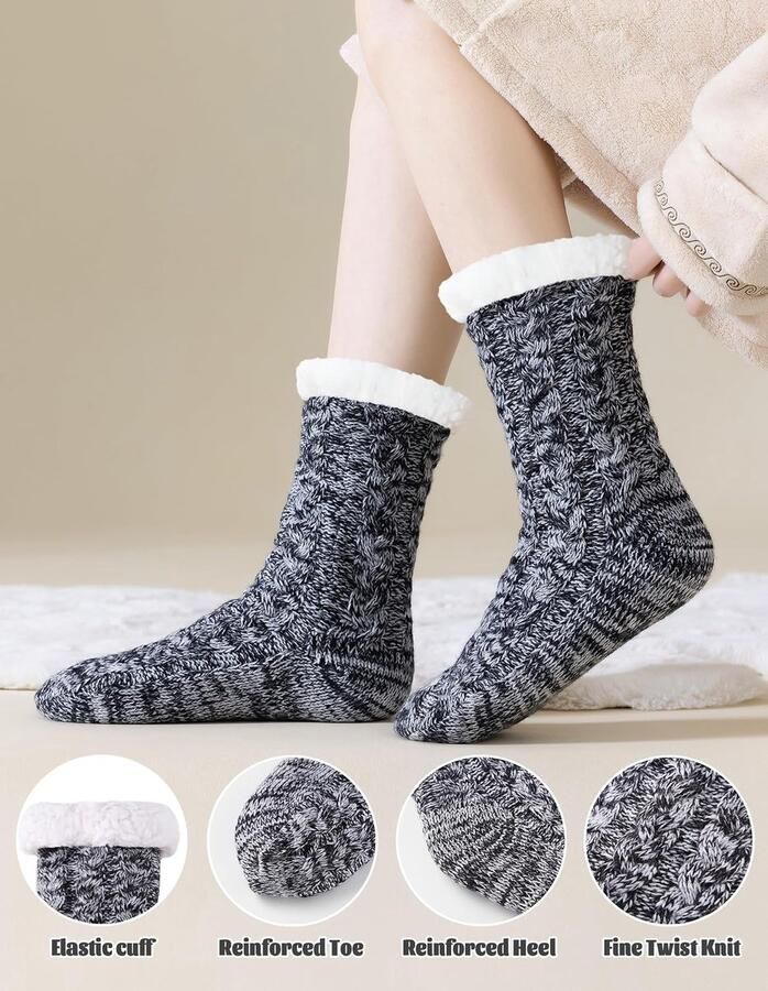 Damessokken met antislip noppen warme zachte knuffelsokken huissokken wintersokken met antislip noppen dikke huissokken kerstsokken Grijs wit Einheitsgröße