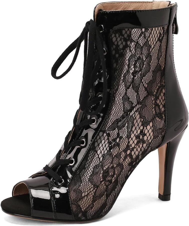 Danslaarzen voor dames veters mesh open teen salondansschoenen hoge hakken