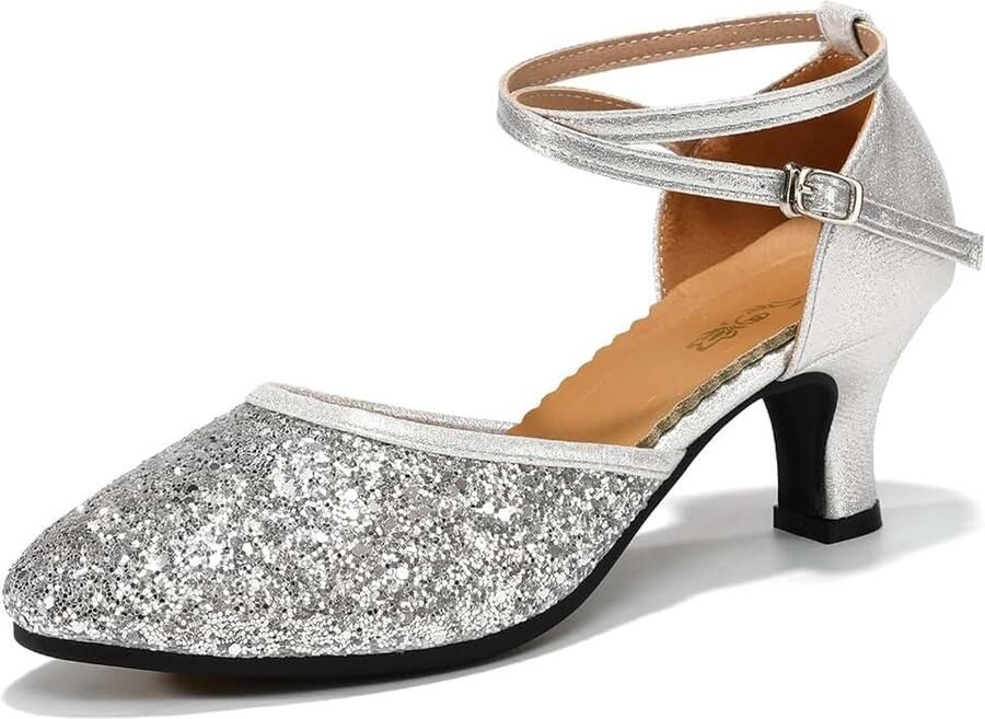 Dansschoenen Dames Latin Gesloten Neus Bovenwerk van synthetisch materiaal met leer en pailletten suède zool hak van slijtvast perfect voor danslessen