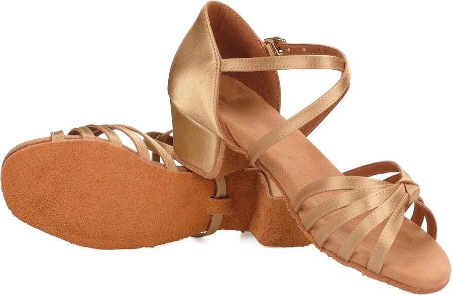 Dansschoenen voor dames en meisjes lage hak standaard dans gezelschapsstans Latijnse dans Latijn Beige knopen