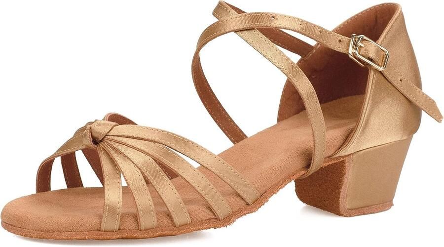 Dansschoenen voor dames en meisjes lage hak standaard dans gezelschapsstans Latijnse dans Latijn Beige knopen