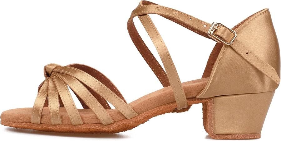 Dansschoenen voor dames en meisjes lage hak standaard dans gezelschapsstans Latijnse dans Latijn Beige knopen - Foto 2