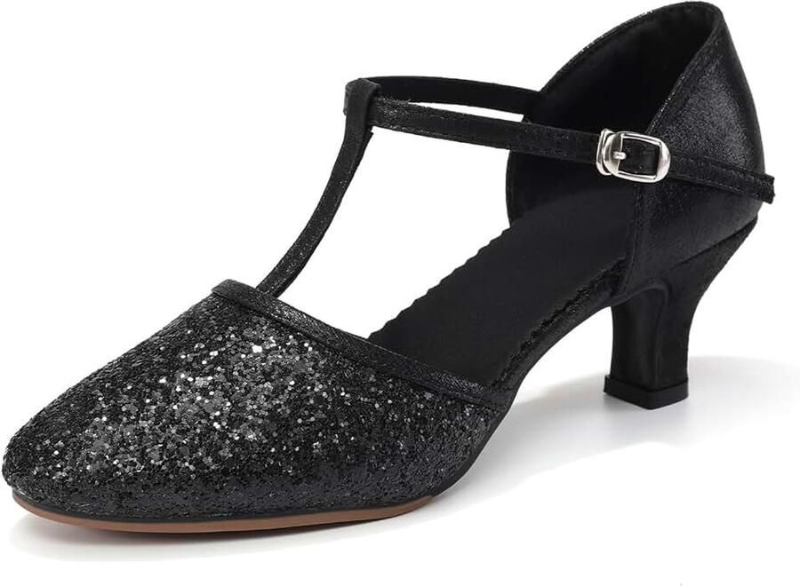 Dansschoenen voor dames met pailletten gesloten teen dansschoenen salsa tango met lage hak FT