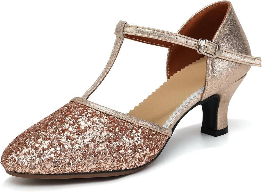 Dansschoenen voor dames met pailletten gesloten teen dansschoenen salsa tango met lage hak FT - Foto 1