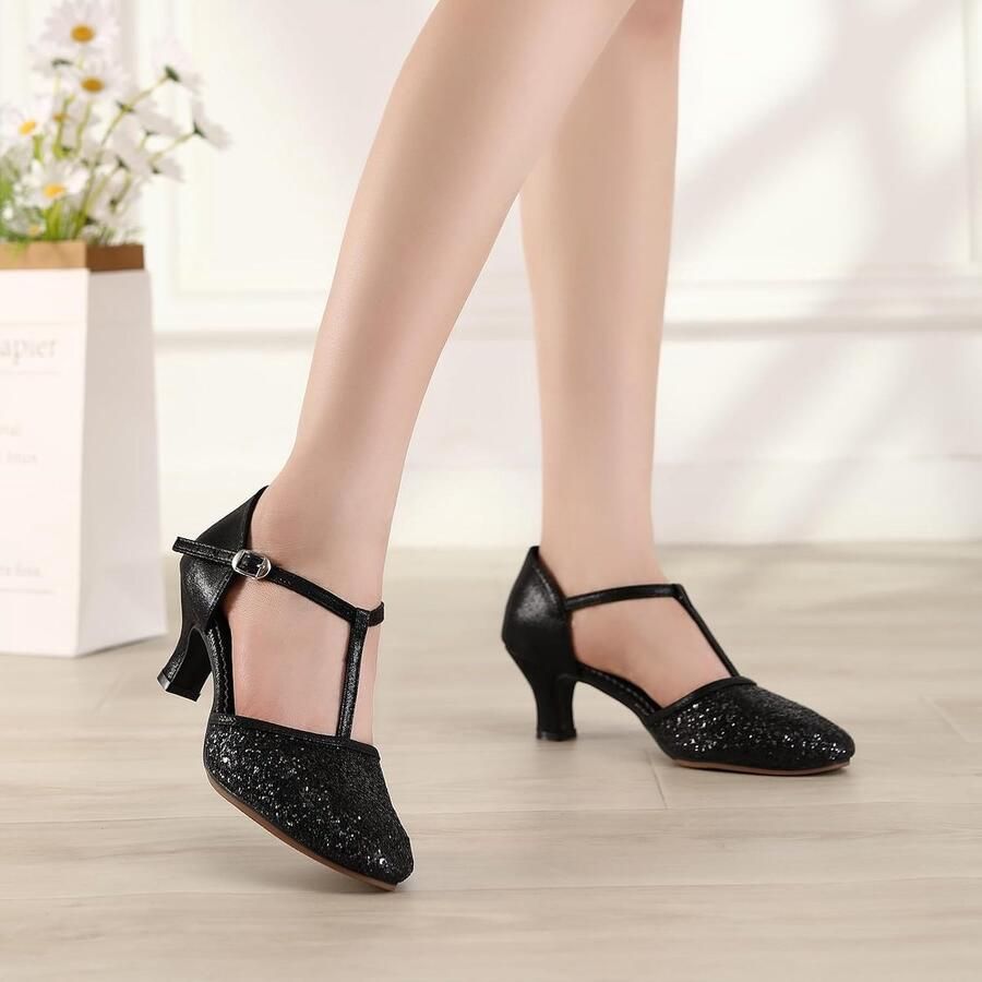 Dansschoenen voor dames met pailletten gesloten teen dansschoenen salsa tango met lage hak FT