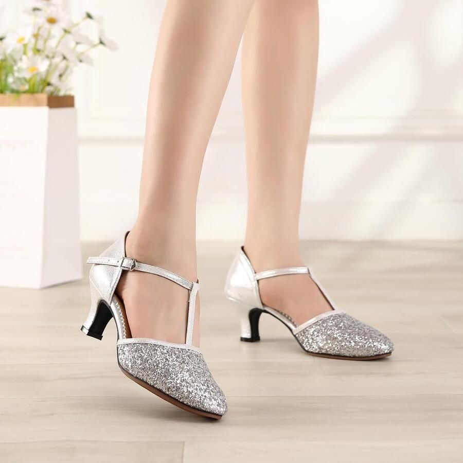 Dansschoenen voor dames met pailletten gesloten teen dansschoenen salsa tango met lage hak FT