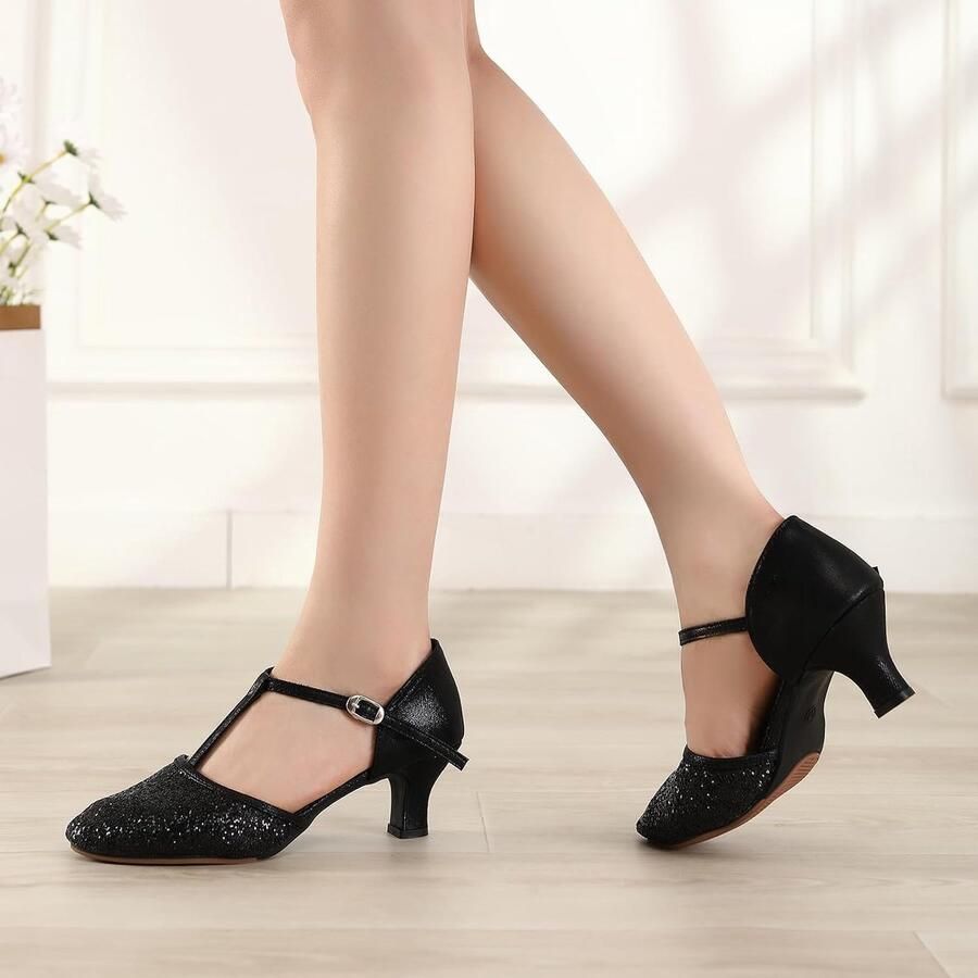 Dansschoenen voor dames met pailletten gesloten teen dansschoenen salsa tango met lage hak FT