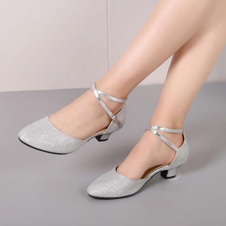 Dansschoenen voor dames met strik gevoerde zachte zool veilige gemiddelde hakhoogte ademend materiaal voor Latijns-vrijetijdsdansen