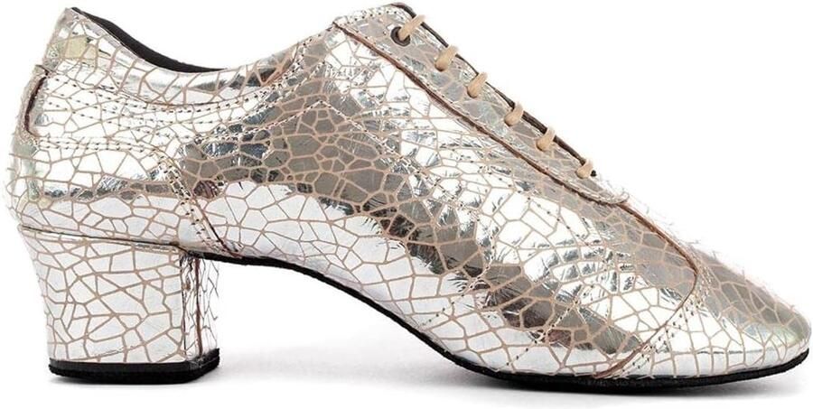 Dansschoenen voor dames PD706 leer zilver craquele blokhak normaal Made in Portugal - Foto 1