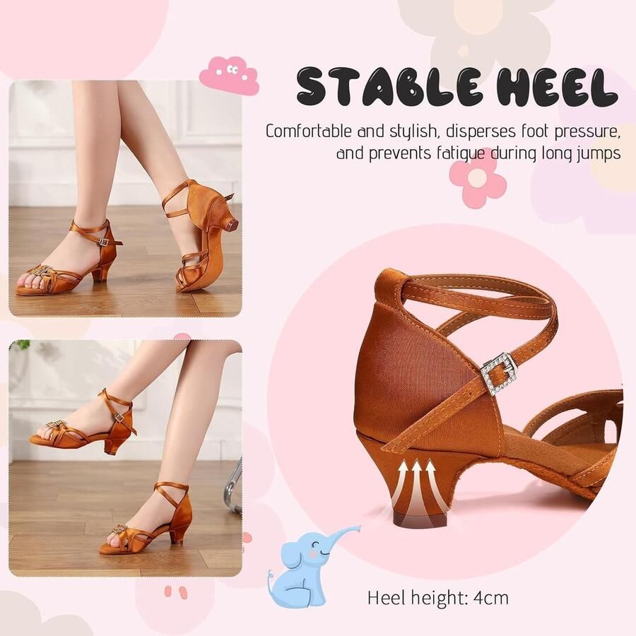 Dansschoenen voor Meisjes met Lage Hak Satijn Ballroom Tango Oefenen Dansschoene Suède Zool