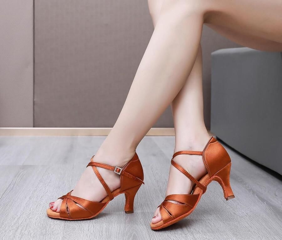 Dansschoenen voor vrouwen zachte zool strass gesp salsa tango balzaal professionele dansschoenen 5 hak 2 5-6 ' Bruin Hak