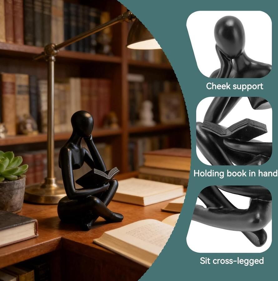 Decor Denker Standbeeld Lezen Vrouwen Denker Standbeeld Hars Collectible Beeldje Abstract Art Sculpture Modern Home Decor Voor Boekenplank(Zwart)