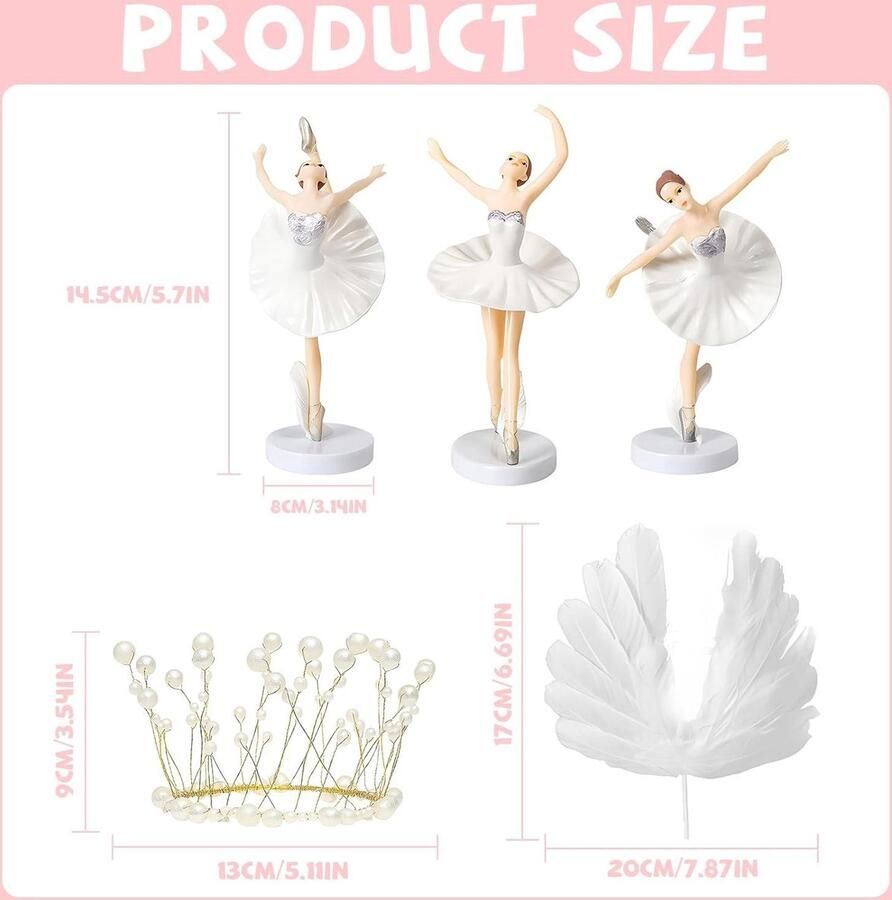 Decoratie-set voor ballerina-taart Ballerina's Dansers Inclusief kroon en engelenvleugels PVC materiaal Pareldecoraties Roze tinten Geschikt voor taarten Feestelijke decoraties