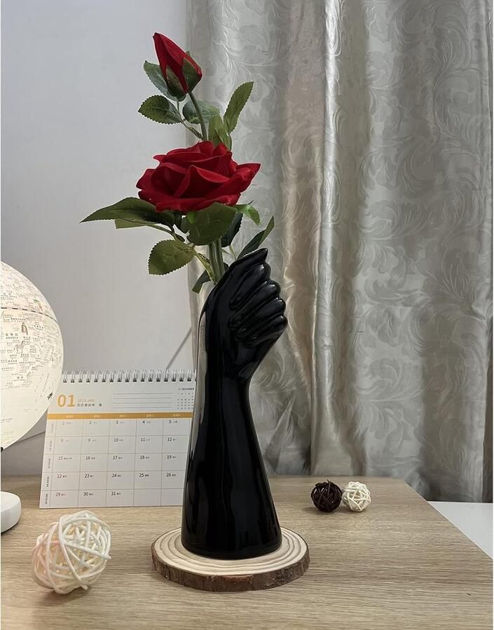 Decoratieve Keramische Billenvaas Hoogte Handgevormd voor Bloemen Salontafel Planken Boerderij Tafeldecoratie (Zwart)